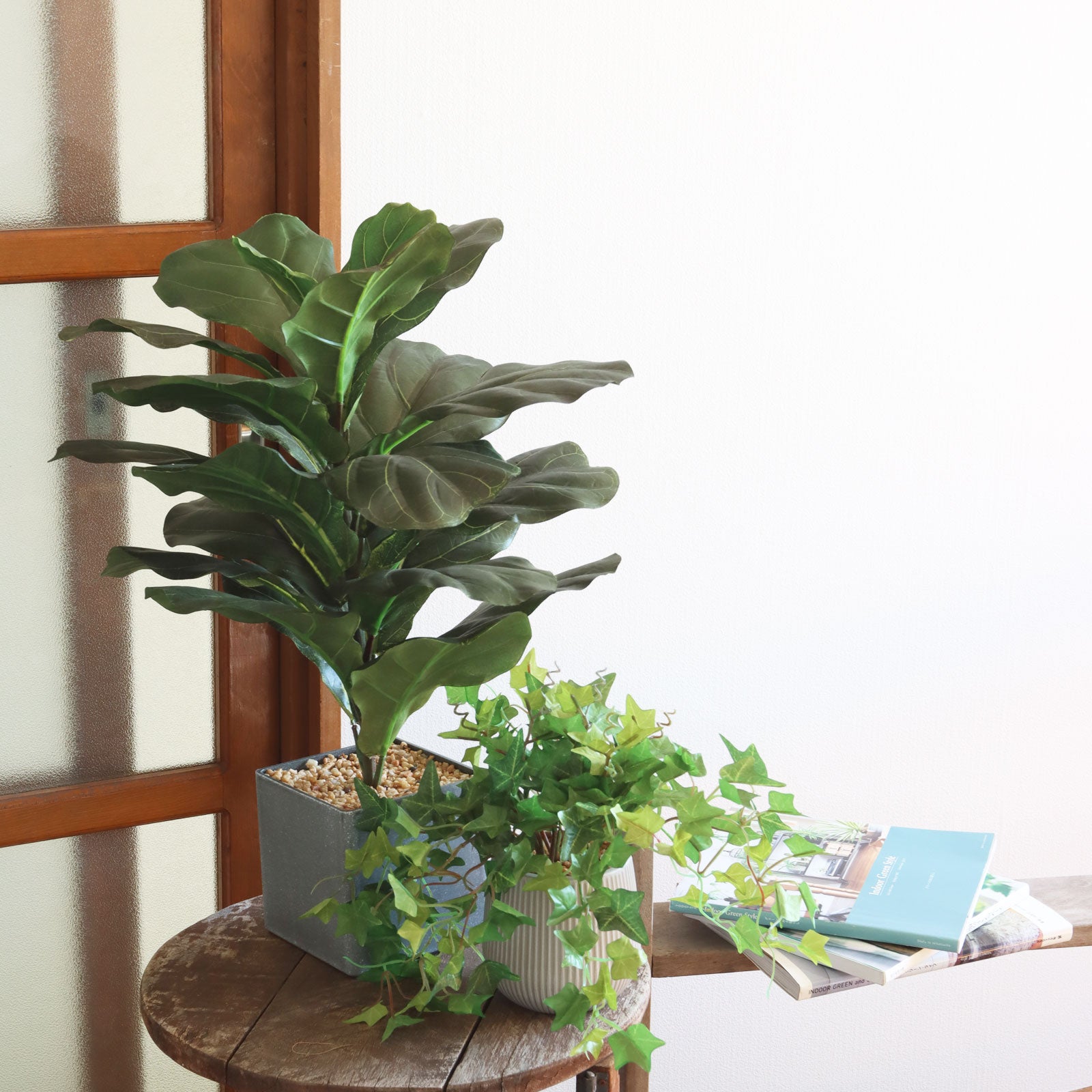 窓辺の花台とフィドルリーフフィグとアイビー